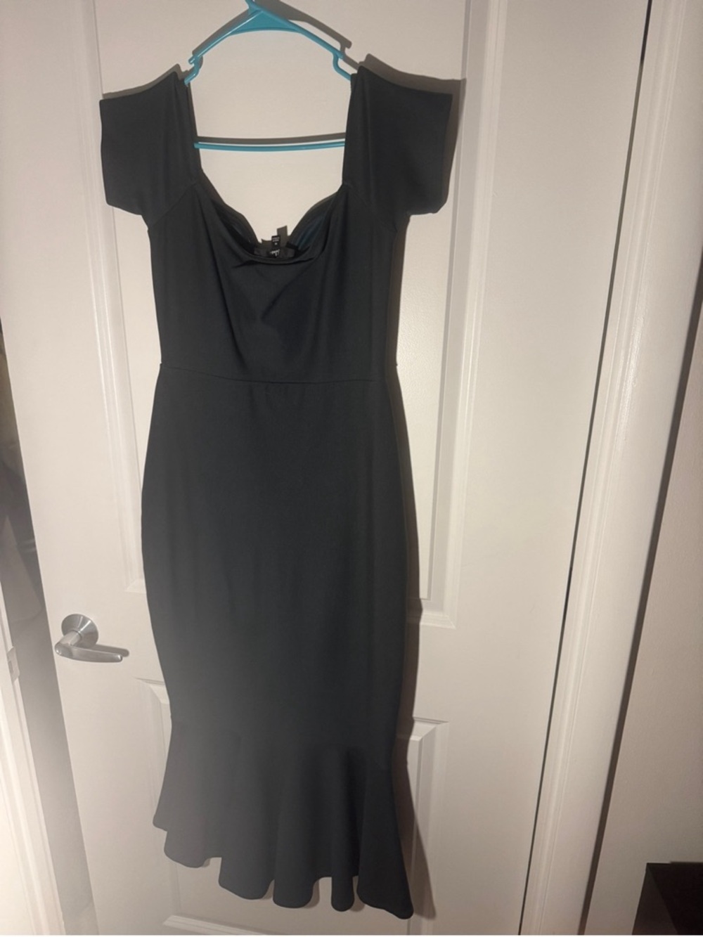Lulu's Black Off-Shoulder Midi Dress with Flounce Hem